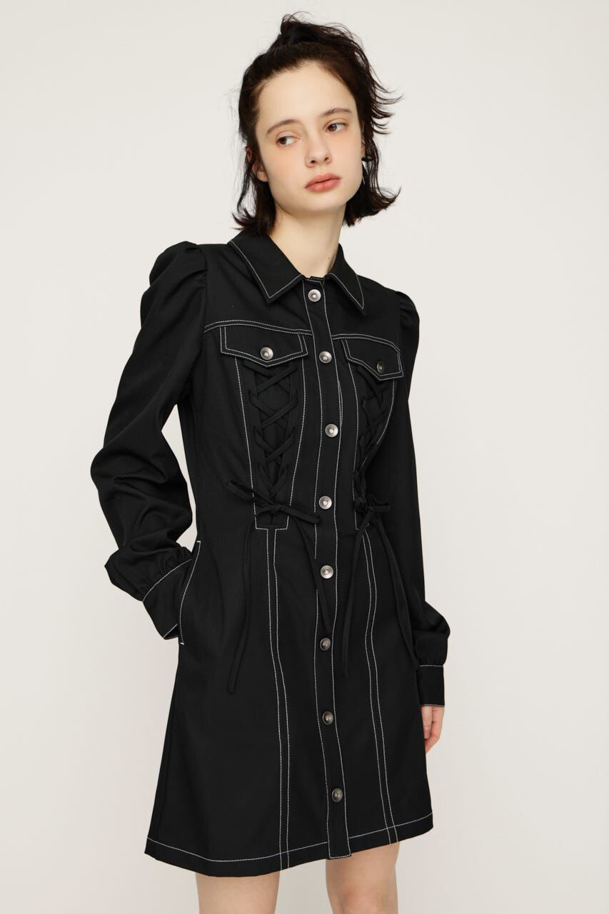 SLY「LACE UP FRONT BUTTON ショートワンピース」|ワンピース|BLK