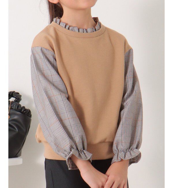 ikka kids「袖チェックフリル襟プルオーバー（120~160cm）」|Tシャツ・カットソー|