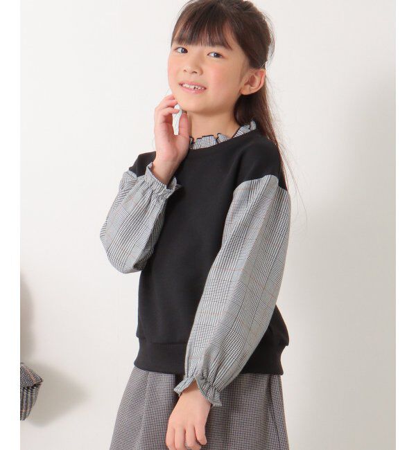 ikka kids「袖チェックフリル襟プルオーバー（120~160cm）」|Tシャツ・カットソー|