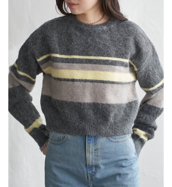 VENCE share style「ボーダークロッップドプルオーバー」|ニット・セーター|チャコール