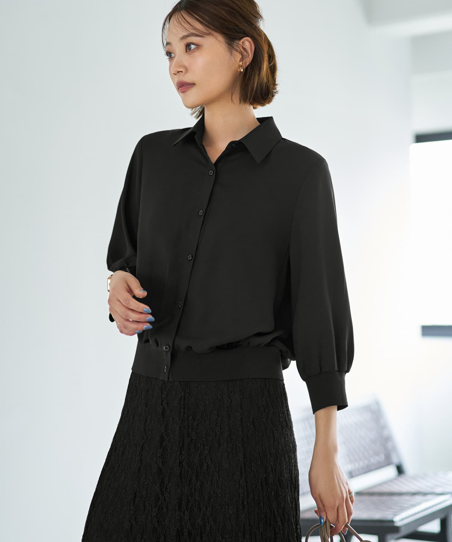 STYLE DELI「袖口裾リブ７分袖ジョーゼットシャツ」|シャツ・ブラウス|ブラック