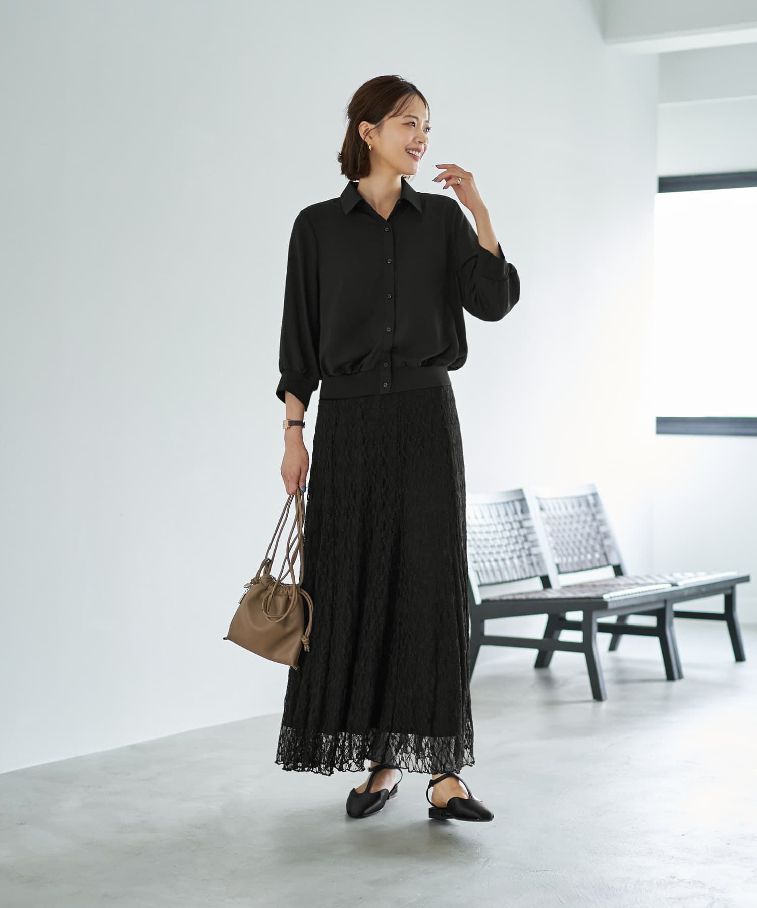 STYLE DELI「袖口裾リブ７分袖ジョーゼットシャツ」|シャツ・ブラウス|