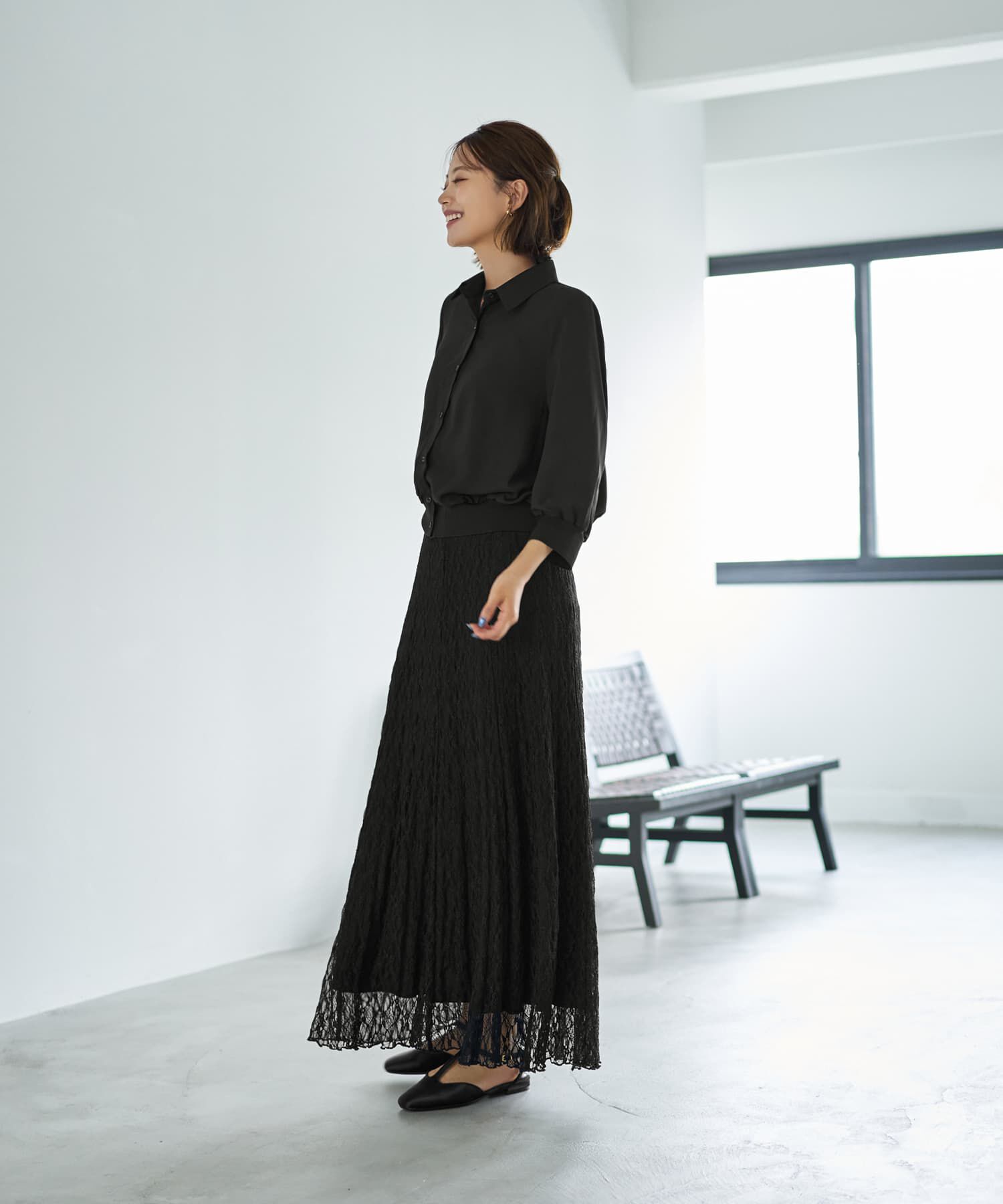 STYLE DELI「袖口裾リブ７分袖ジョーゼットシャツ」|シャツ・ブラウス|