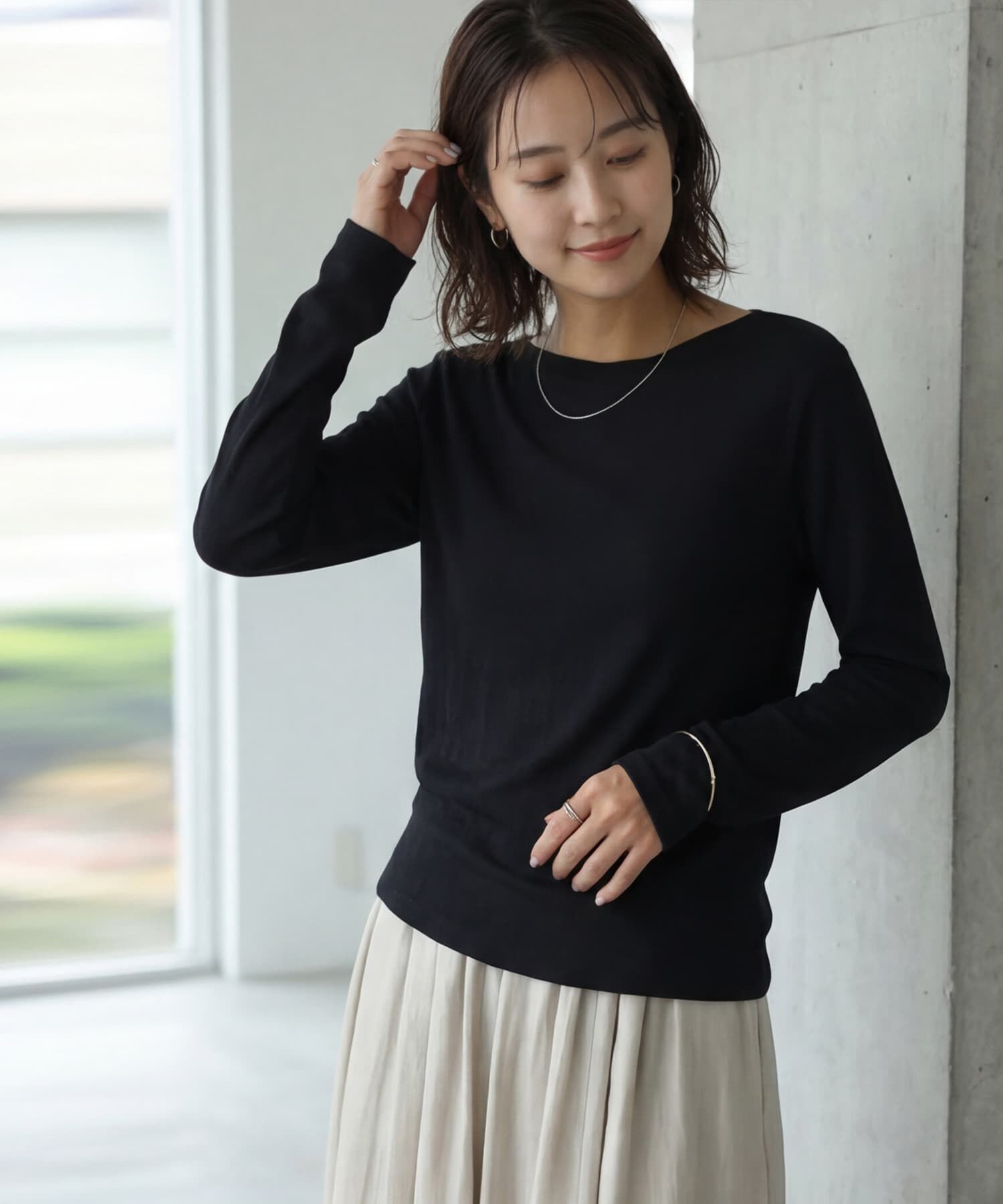 STYLE DELI「やわらかボートネックカットソートップス」|Tシャツ・カットソー|ブラック