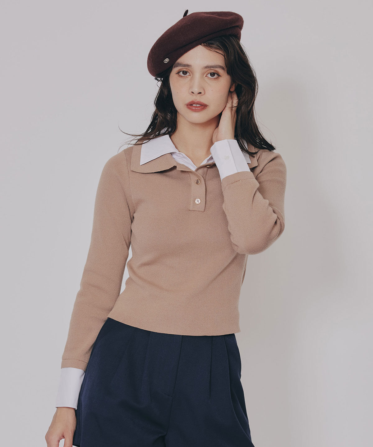 REDYAZEL「ダブルカラーポロニットトップス」|ニット・セーター|ベージュ