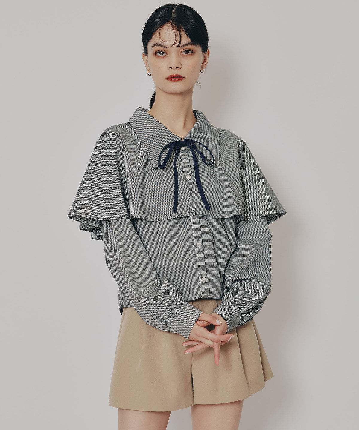 REDYAZEL「ケープライクグレンチェックリボンタイブラウス」|シャツ・ブラウス|