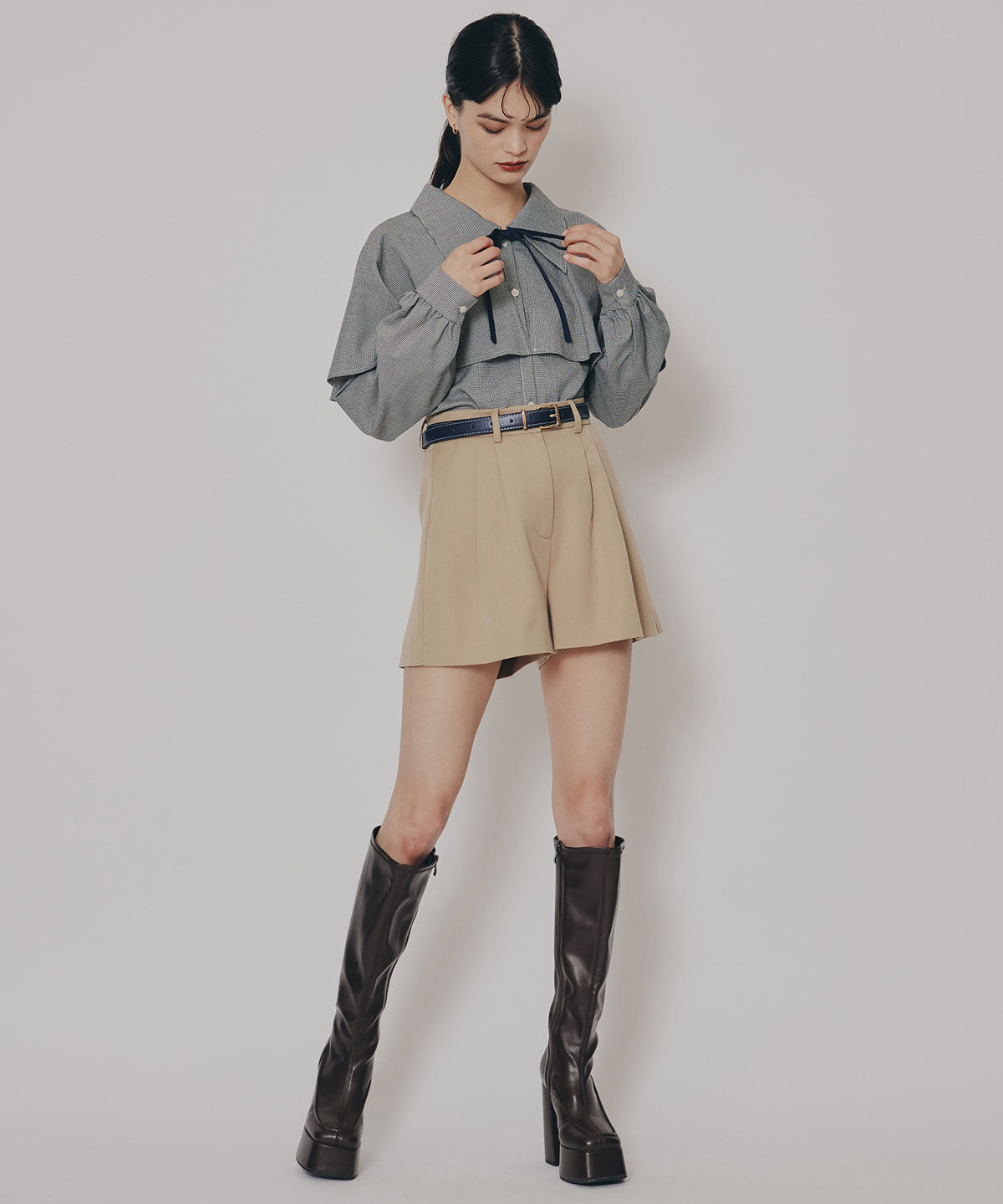 REDYAZEL「ケープライクグレンチェックリボンタイブラウス」|シャツ・ブラウス|