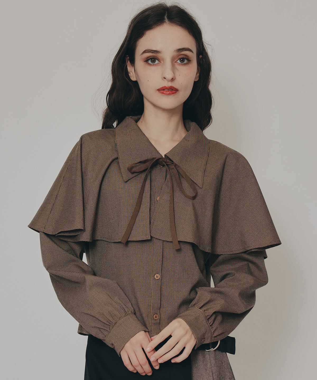 REDYAZEL「ケープライクグレンチェックリボンタイブラウス」|シャツ・ブラウス|beige/ﾁｪｯｸ