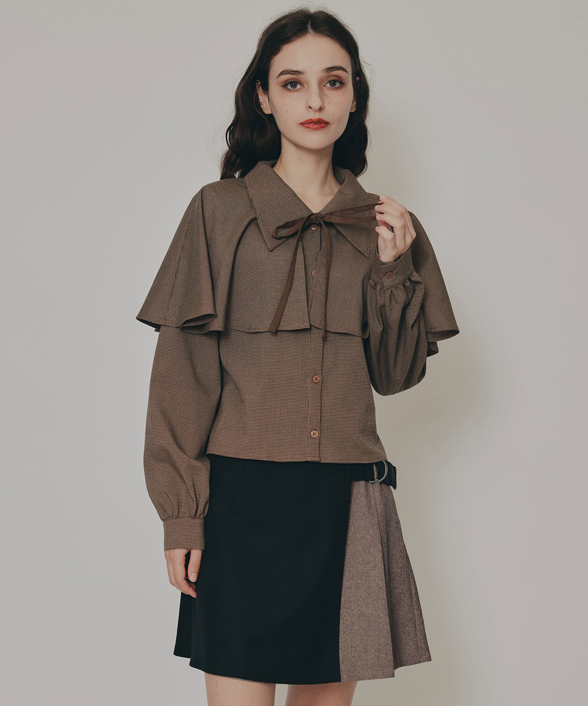 REDYAZEL「ケープライクグレンチェックリボンタイブラウス」|シャツ・ブラウス|