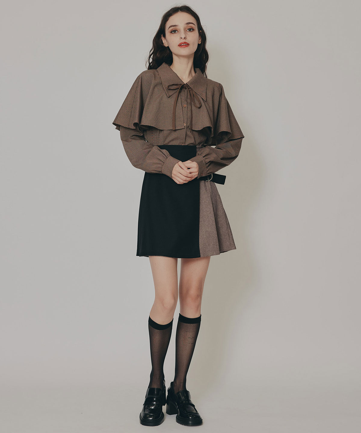 REDYAZEL「ケープライクグレンチェックリボンタイブラウス」|シャツ・ブラウス|