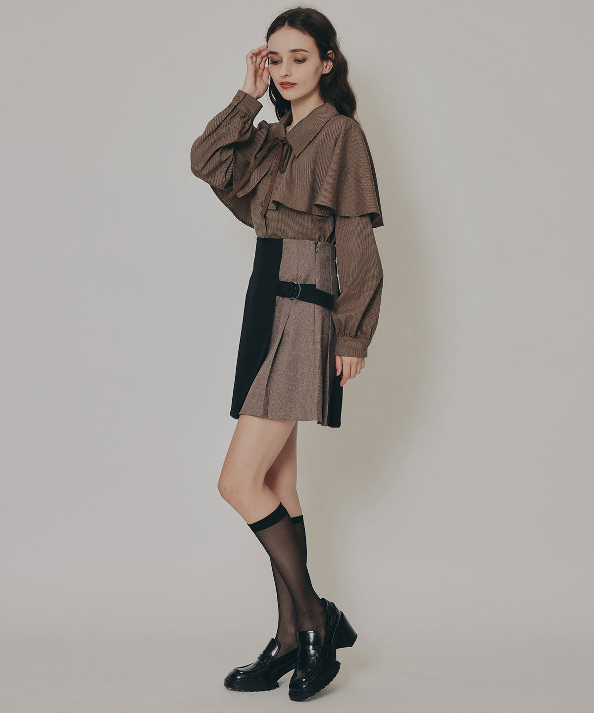 REDYAZEL「ケープライクグレンチェックリボンタイブラウス」|シャツ・ブラウス|