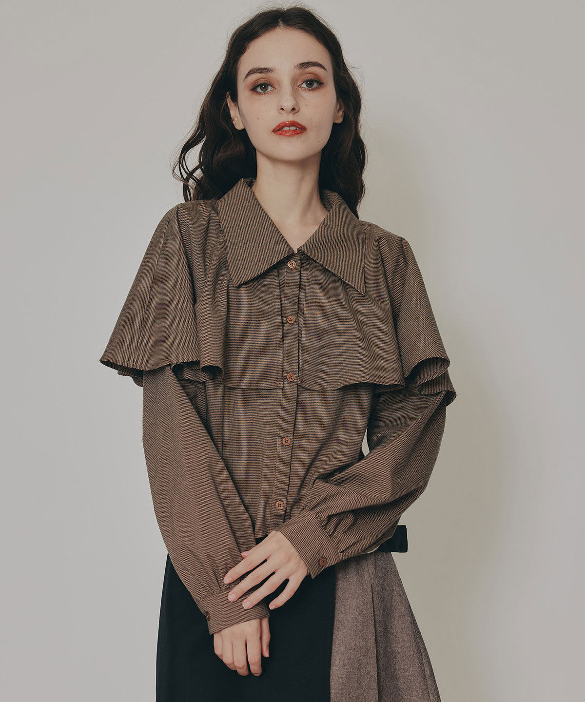 REDYAZEL「ケープライクグレンチェックリボンタイブラウス」|シャツ・ブラウス|