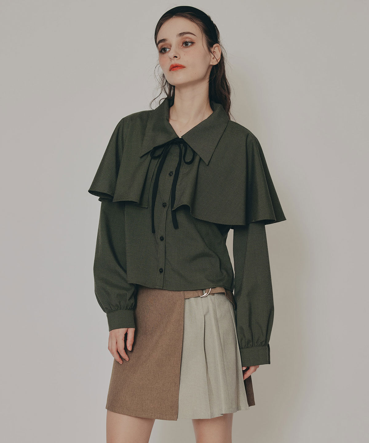 REDYAZEL「ケープライクグレンチェックリボンタイブラウス」|シャツ・ブラウス|