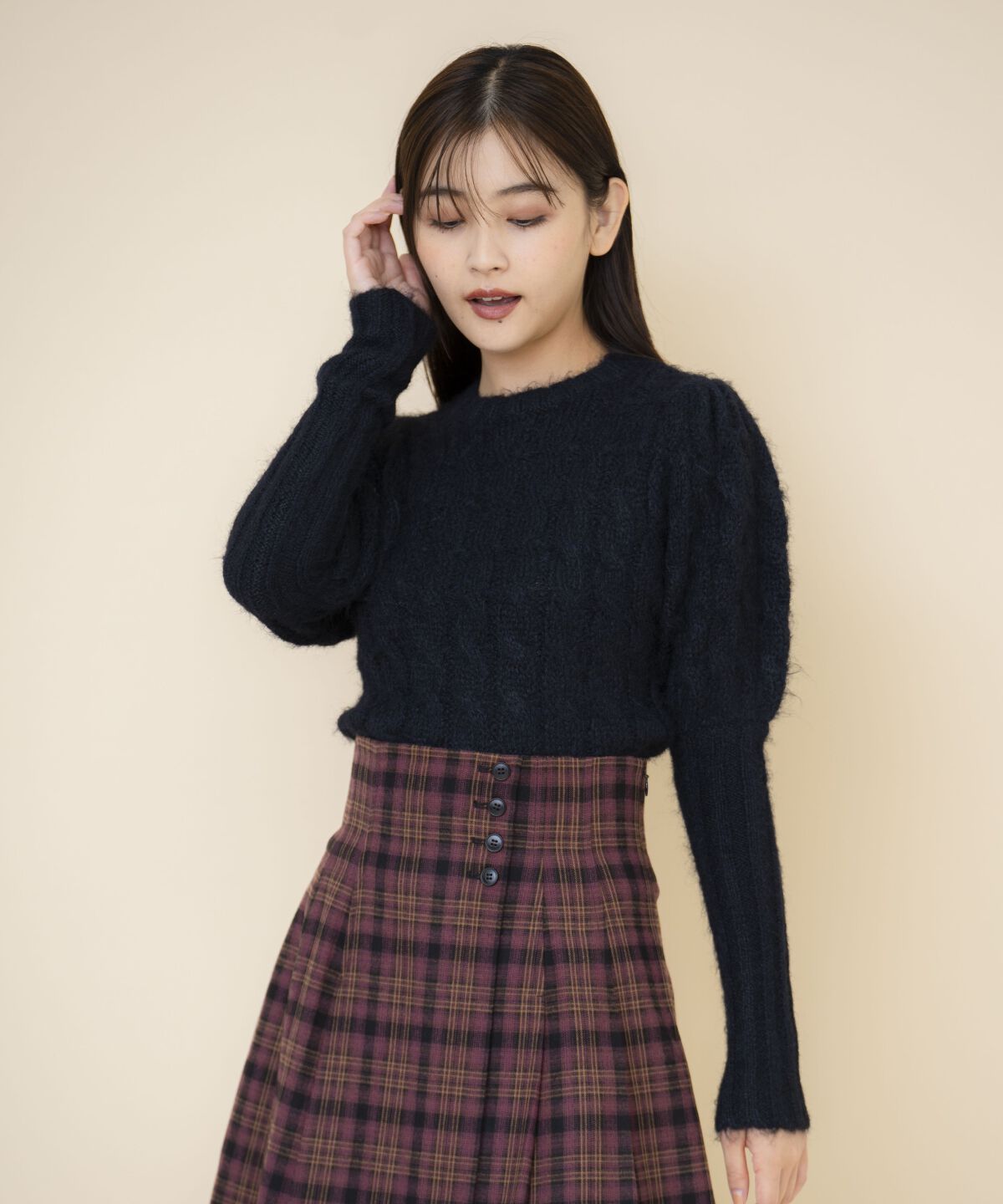 REDYAZEL「ケーブルパフスリーブニットトップス」|ニット・セーター|