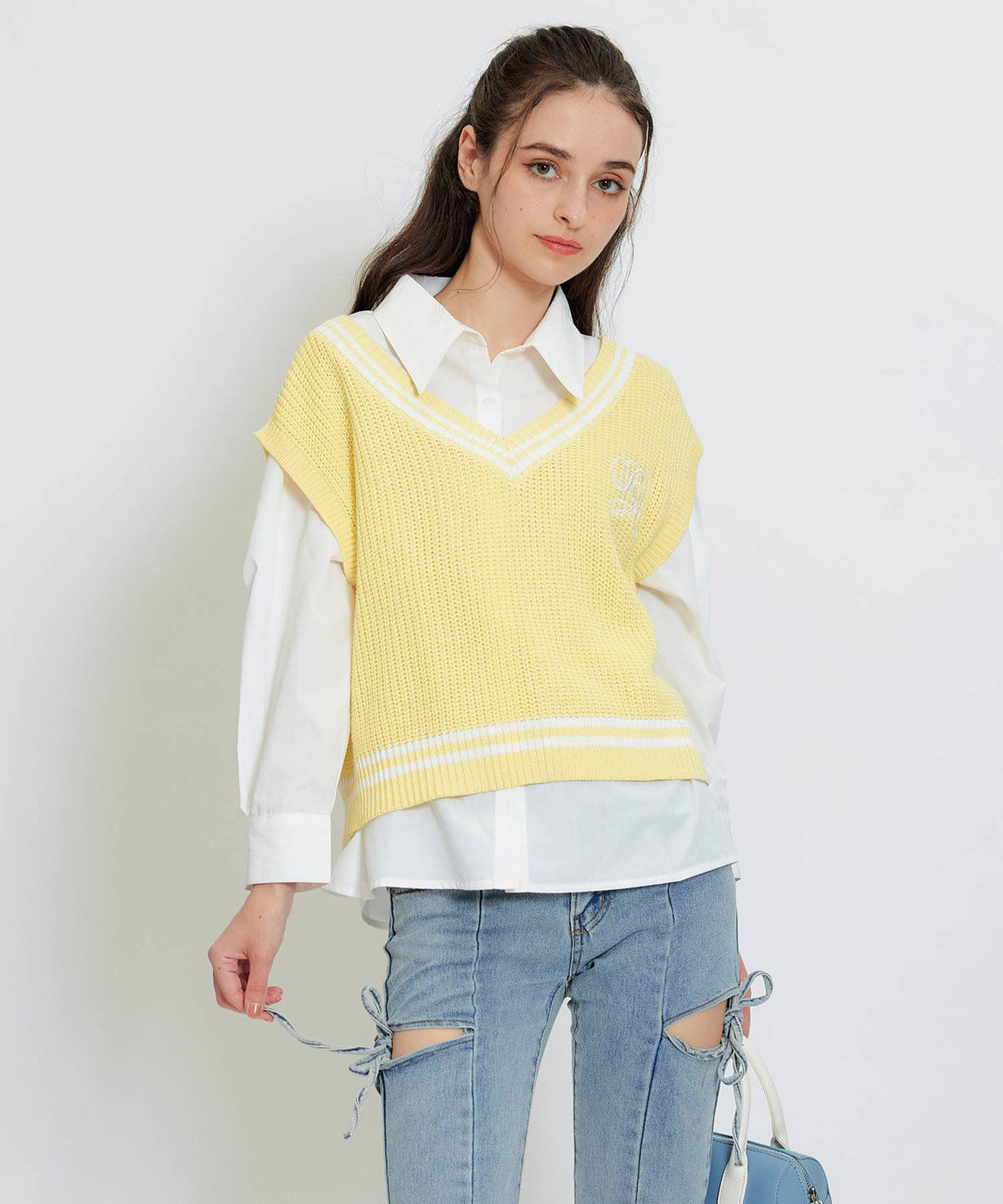 REDYAZEL「カレッジライクラインベスト&times;シャツブラウス」|ニット・セーター|