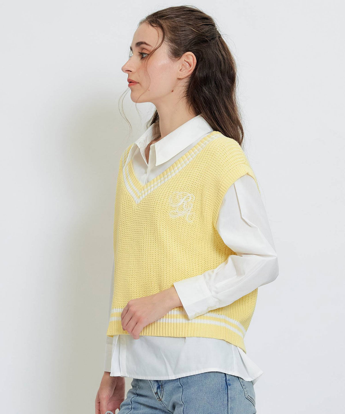 REDYAZEL「カレッジライクラインベスト&times;シャツブラウス」|ニット・セーター|