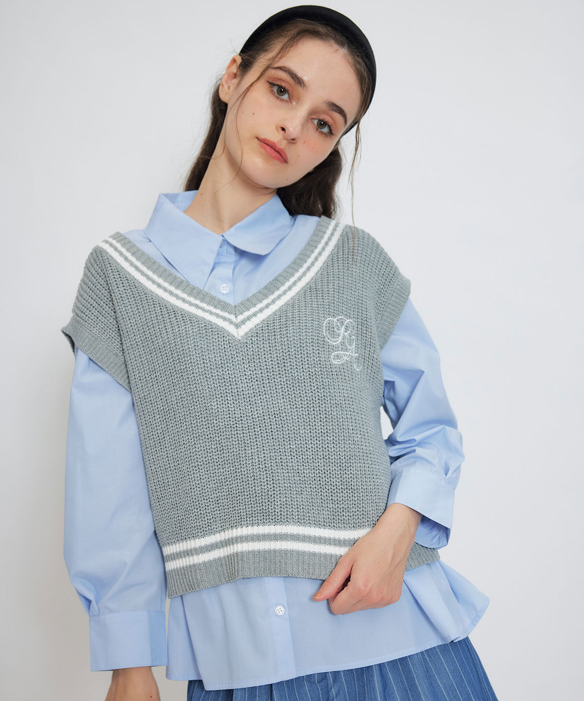 REDYAZEL「カレッジライクラインベスト&times;シャツブラウス」|ニット・セーター|ライトグレー