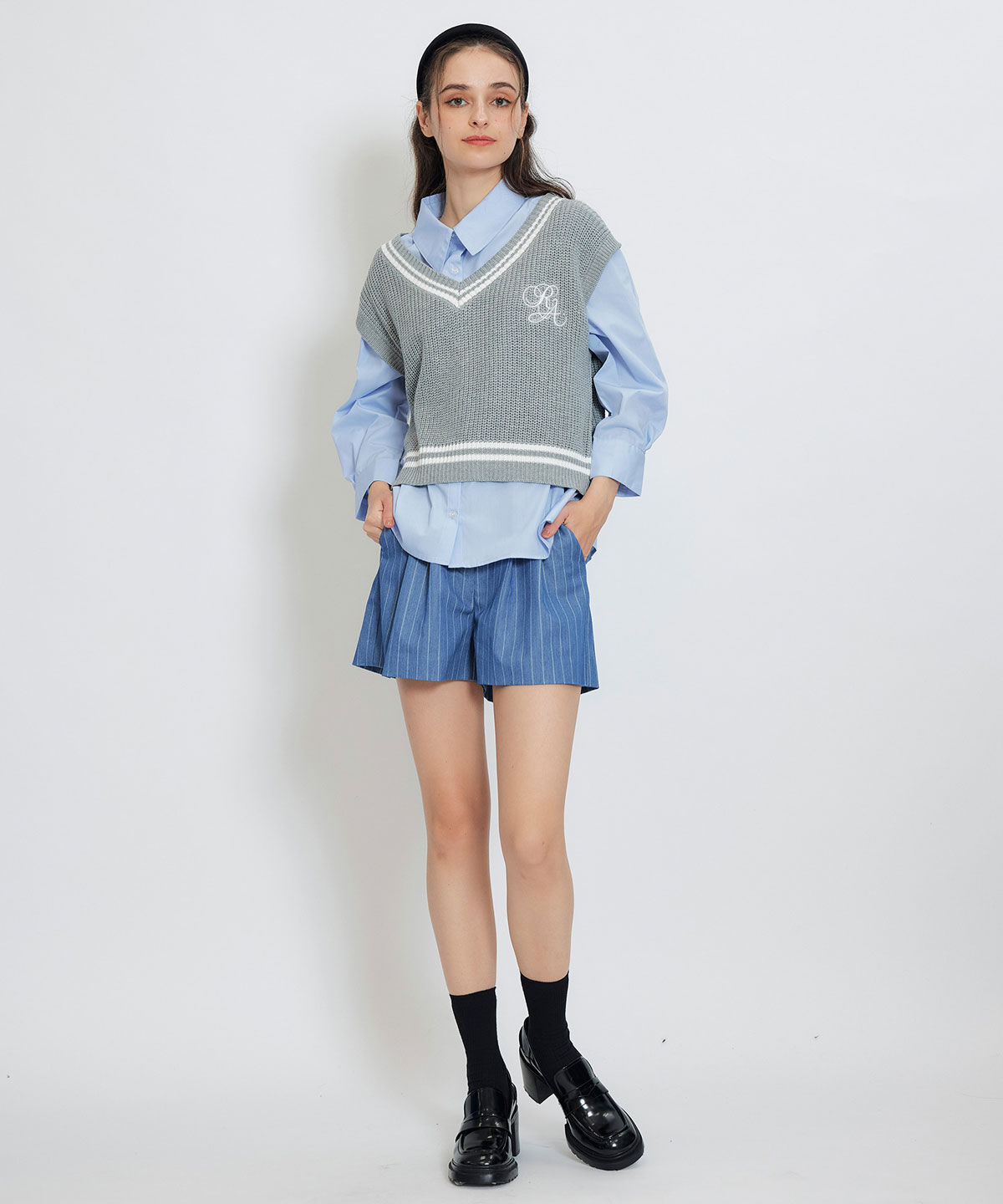 REDYAZEL「カレッジライクラインベスト&times;シャツブラウス」|ニット・セーター|