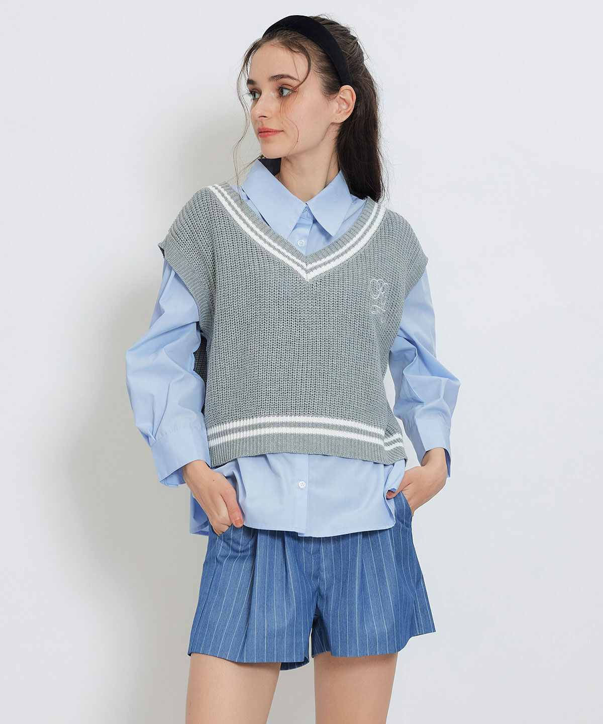 REDYAZEL「カレッジライクラインベスト&times;シャツブラウス」|ニット・セーター|