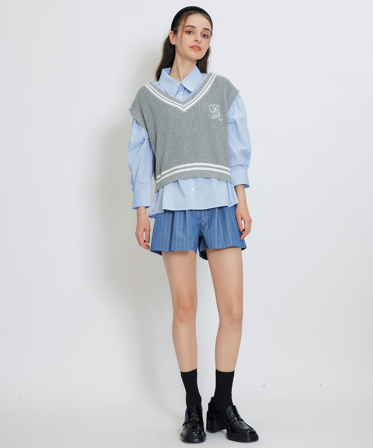 REDYAZEL「カレッジライクラインベスト&times;シャツブラウス」|ニット・セーター|