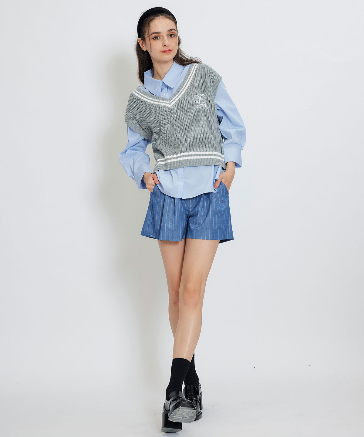 REDYAZEL「カレッジライクラインベスト&times;シャツブラウス」|ニット・セーター|