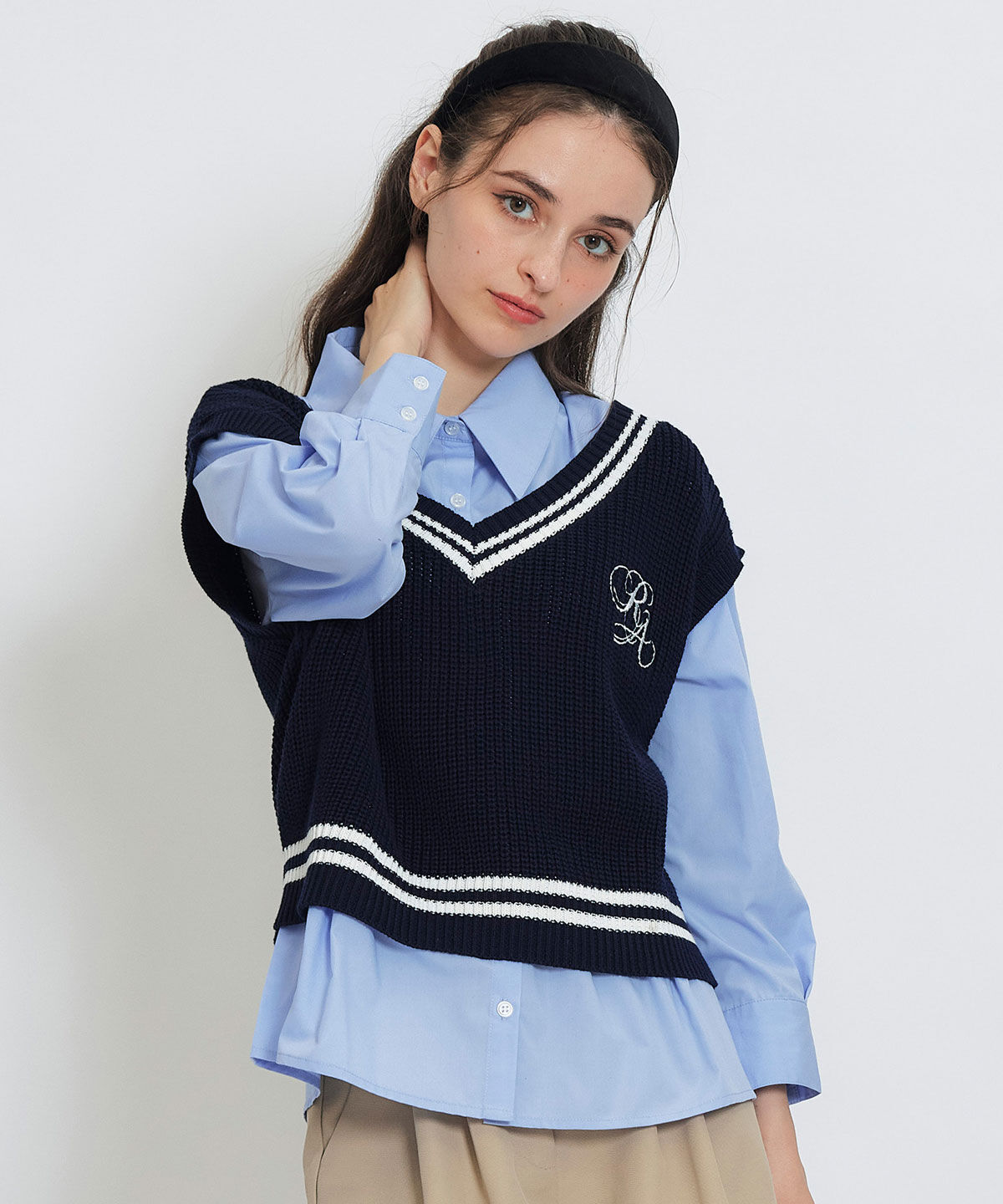 REDYAZEL「カレッジライクラインベスト&times;シャツブラウス」|ニット・セーター|ネイビー