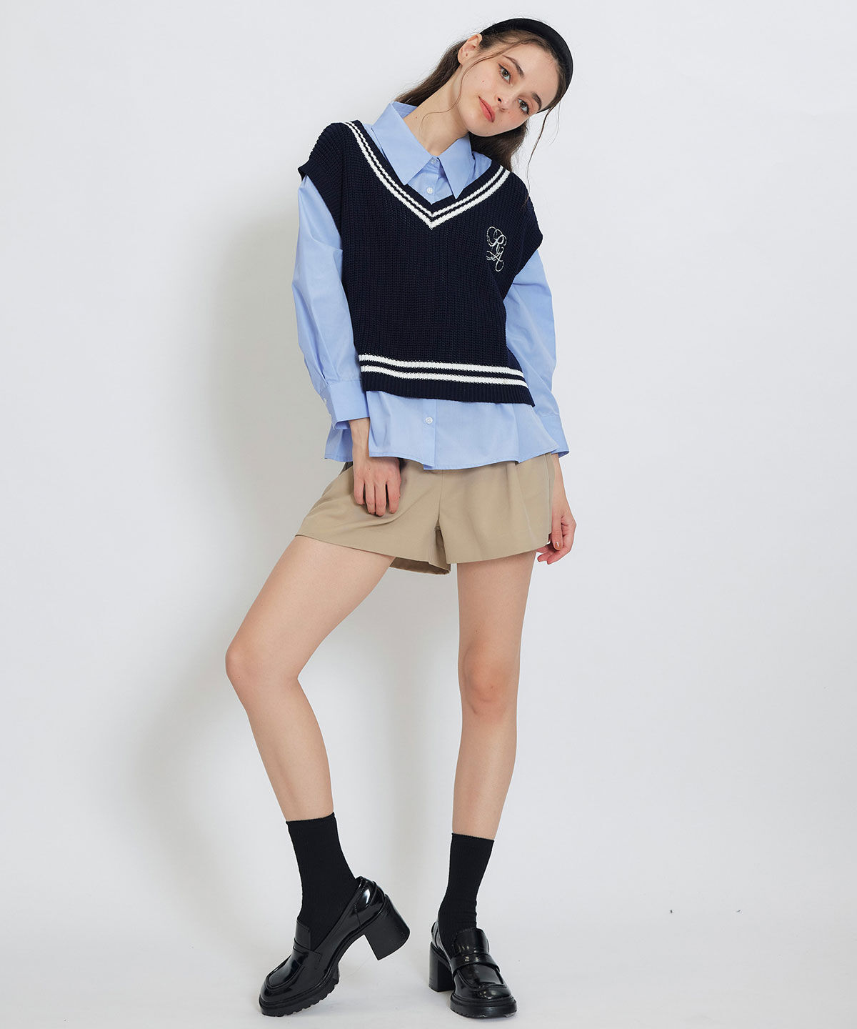 REDYAZEL「カレッジライクラインベスト&times;シャツブラウス」|ニット・セーター|