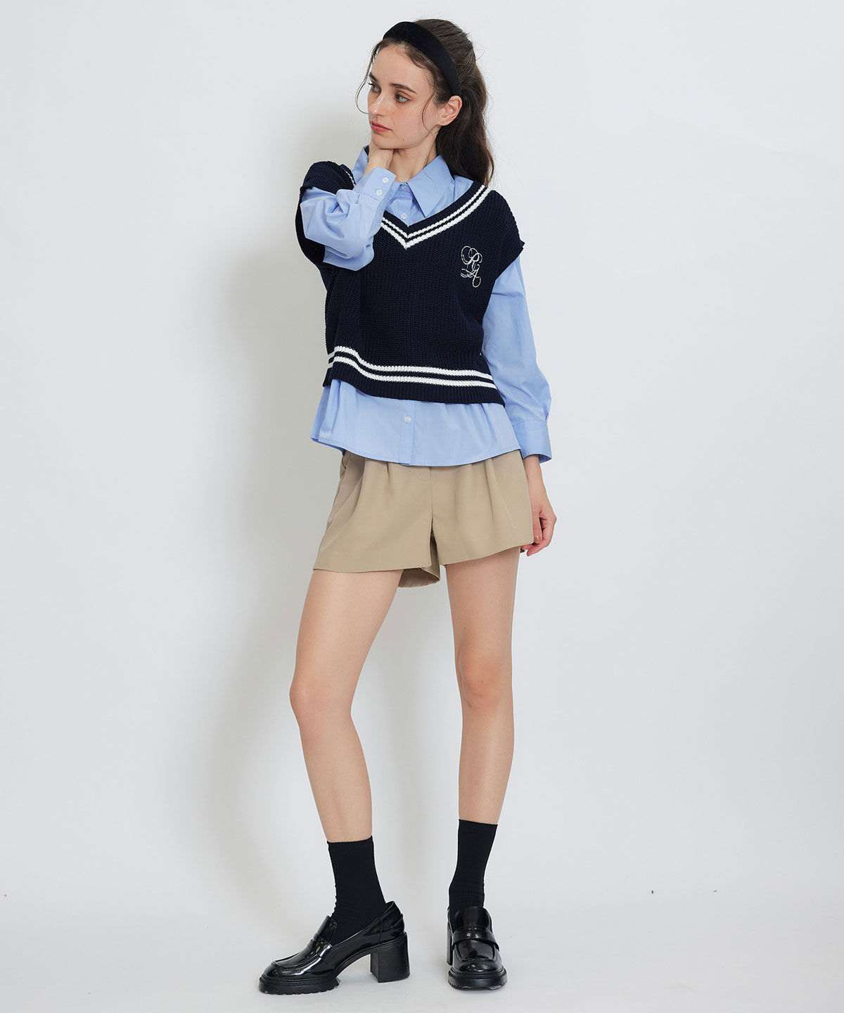 REDYAZEL「カレッジライクラインベスト&times;シャツブラウス」|ニット・セーター|