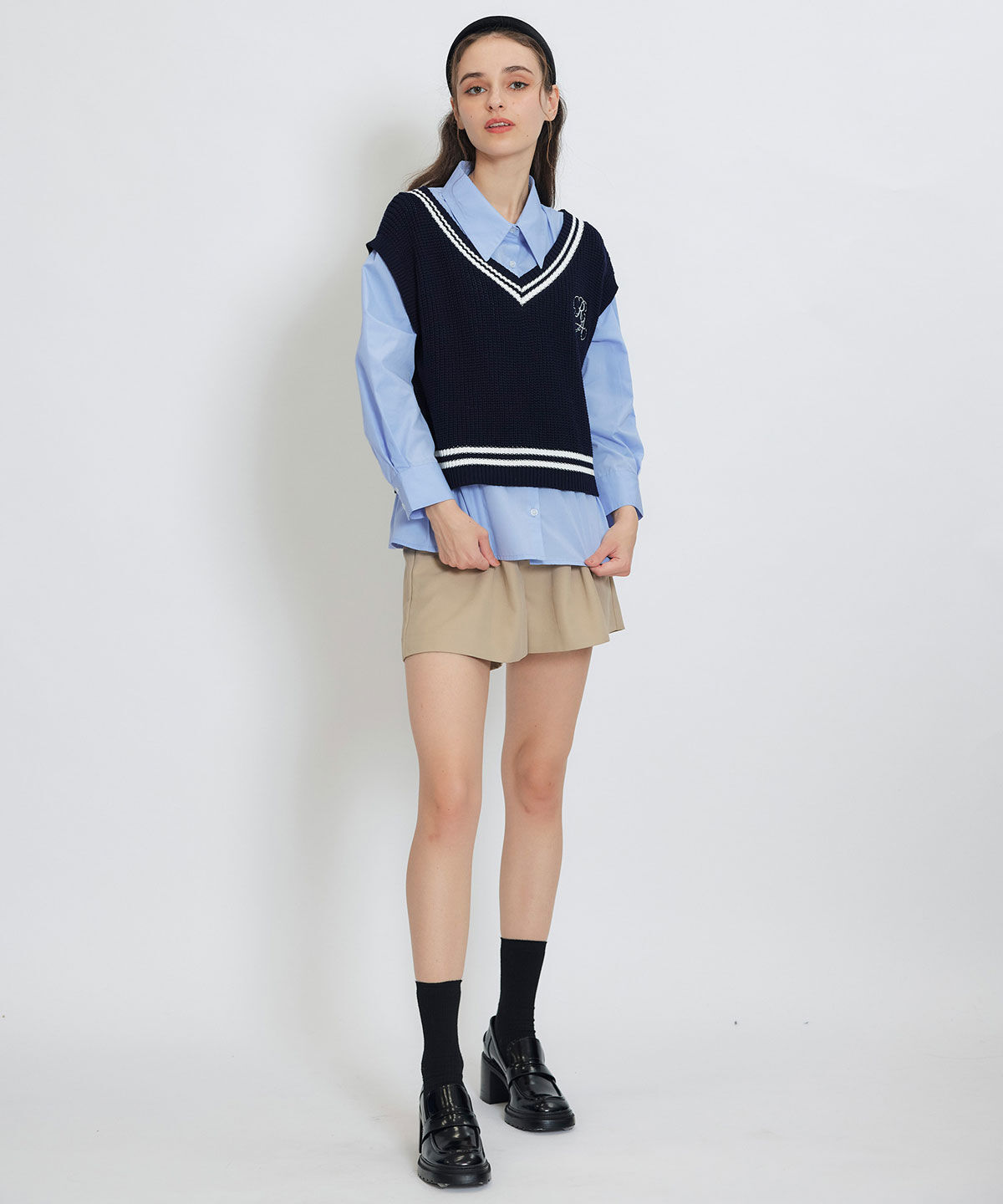 REDYAZEL「カレッジライクラインベスト&times;シャツブラウス」|ニット・セーター|