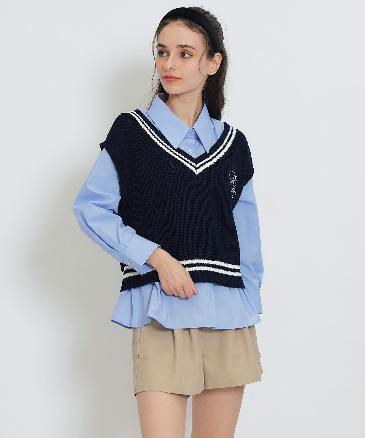 REDYAZEL「カレッジライクラインベスト&times;シャツブラウス」|ニット・セーター|