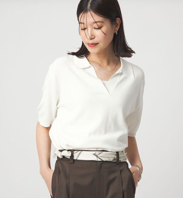 UNITED ARROWS green label relaxing「【WEB限定】＜at ease＞エリツキ スキッパー ニット 接触冷感 UVカット 遮熱」|ニット・セーター|WHITE