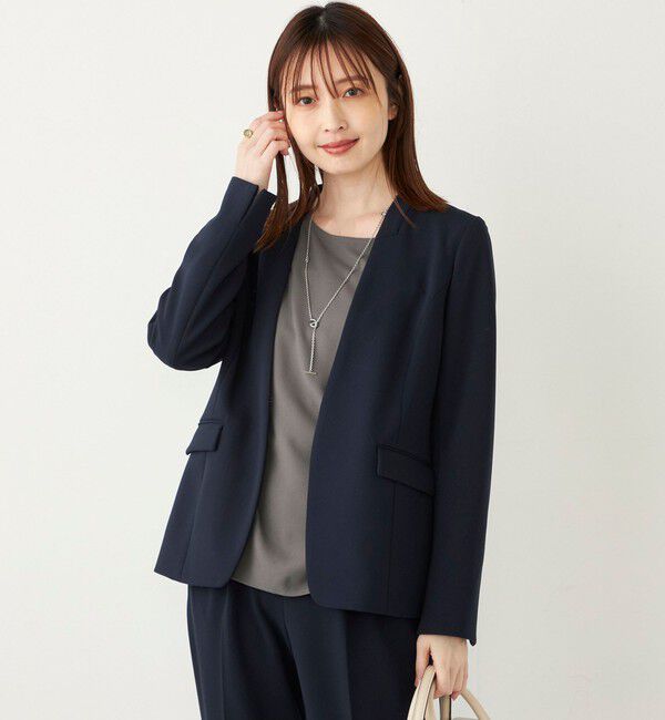 SHIPS Colors 「SHIPS Colors:ストレッチ ジョーゼット Vカラー ジャケット2(セットアップ対応可能)◇」|ノーカラージャケット|ネイビー