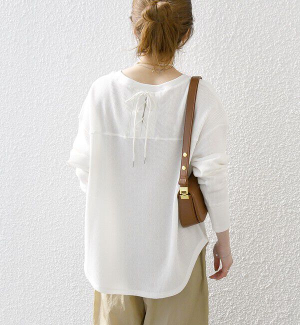 SHIPS any「SHIPS any:〈洗濯機可能〉ワッフル  レースアップ ラウンドヘム プルオーバー」|Tシャツ・カットソー|