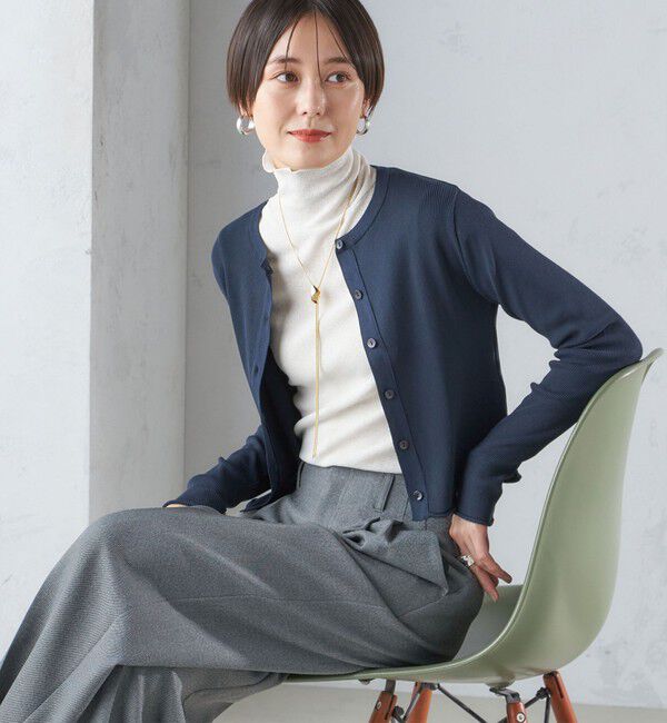 SHIPS for women「〈手洗い可能〉レーヨン ポリ リブ クルーネック カーディガン」|カーディガン|ネイビー