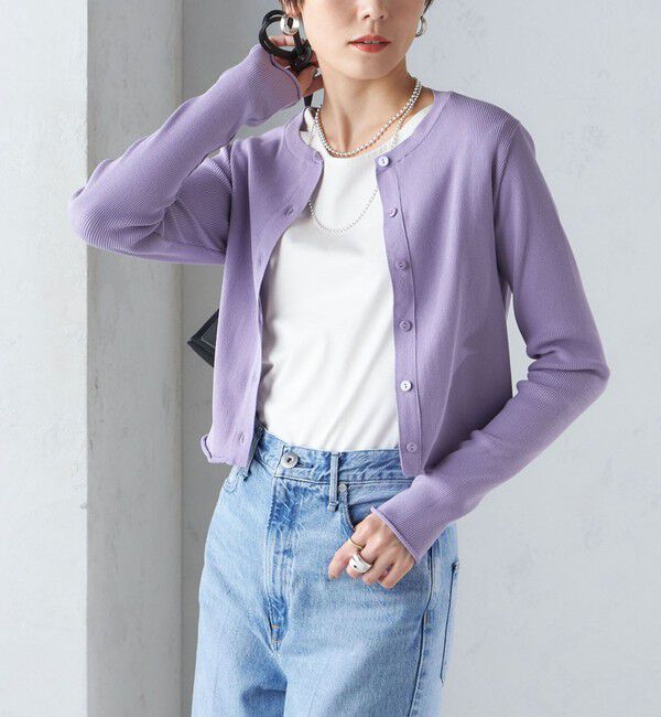 SHIPS for women「〈手洗い可能〉レーヨン ポリ リブ クルーネック カーディガン」|カーディガン|ラベンダー