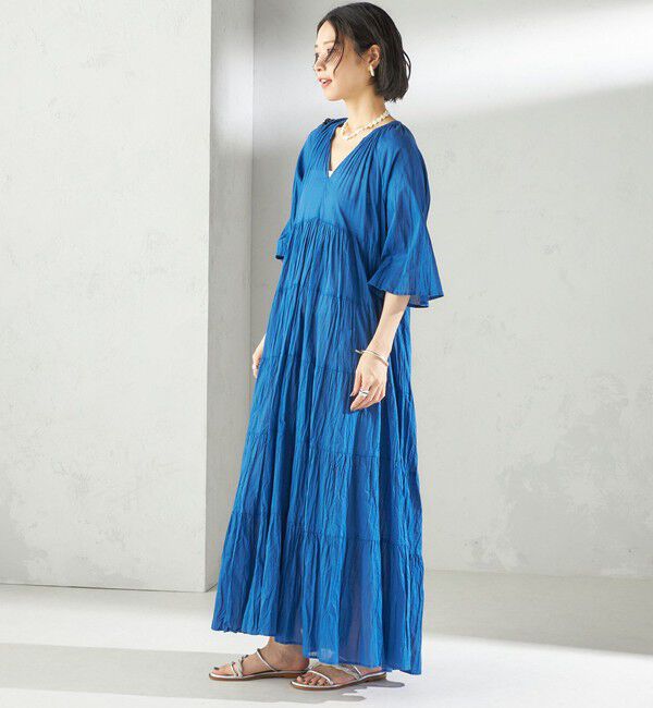 SHIPS for women「《一部追加予約》【WEB限定】〈手洗い可能〉Fanaka:クリンクル 袖 フレア ロング ワンピース」|ワンピース|