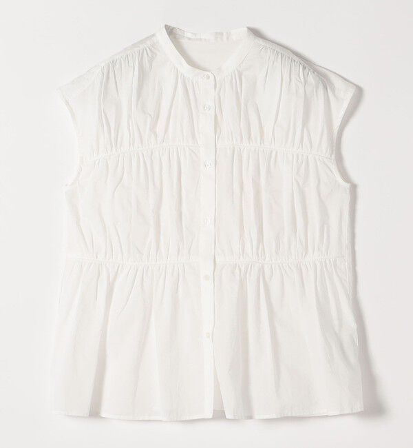 quaranciel「quaranciel:〈手洗い可能〉コットンボイル シアー ギャザー バンドカラー シャツ ブラウス」|シャツ・ブラウス|