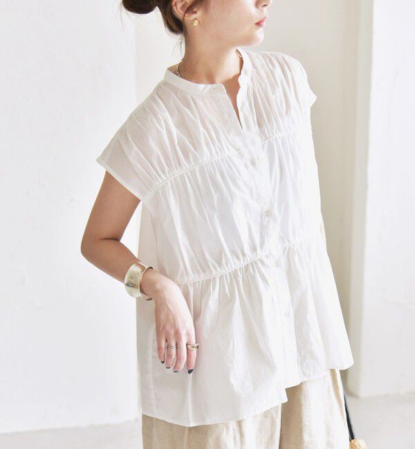 quaranciel「quaranciel:〈手洗い可能〉コットンボイル シアー ギャザー バンドカラー シャツ ブラウス」|シャツ・ブラウス|