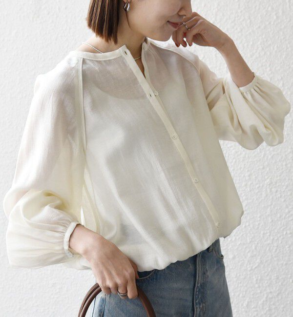 SHIPS any「《一部追加予約》SHIPS any:〈洗濯機可能〉リネン ミックス シアー ボリューム スリーブ ブラウス」|シャツ・ブラウス|ナチュラル