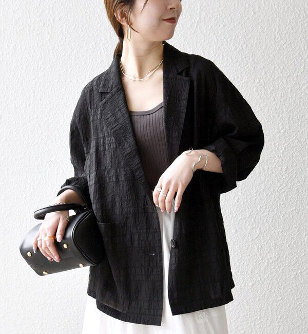 SHIPS any「《予約》SHIPS any:〈手洗い可能〉シアー チェック ルーズ テーラード シングル ジャケット」|テーラードジャケット|ブラック