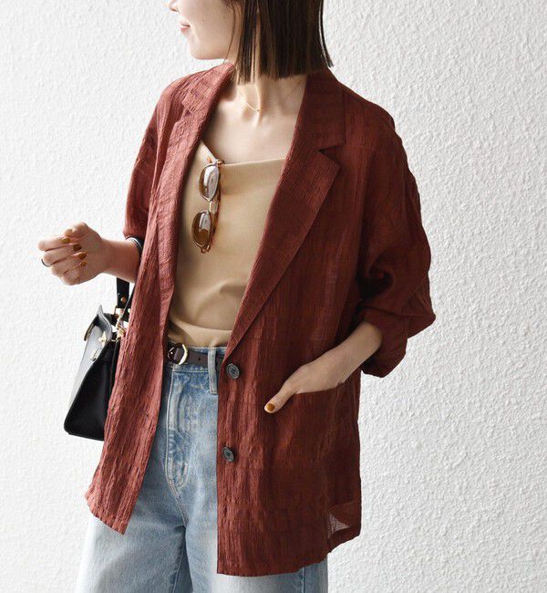 SHIPS any「《予約》SHIPS any:〈手洗い可能〉シアー チェック ルーズ テーラード シングル ジャケット」|テーラードジャケット|ブラウン