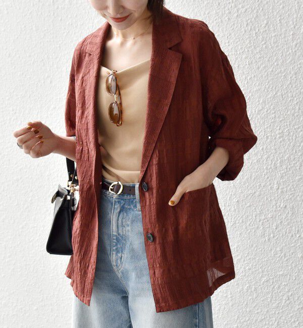 SHIPS any「《予約》SHIPS any:〈手洗い可能〉シアー チェック ルーズ テーラード シングル ジャケット」|テーラードジャケット|