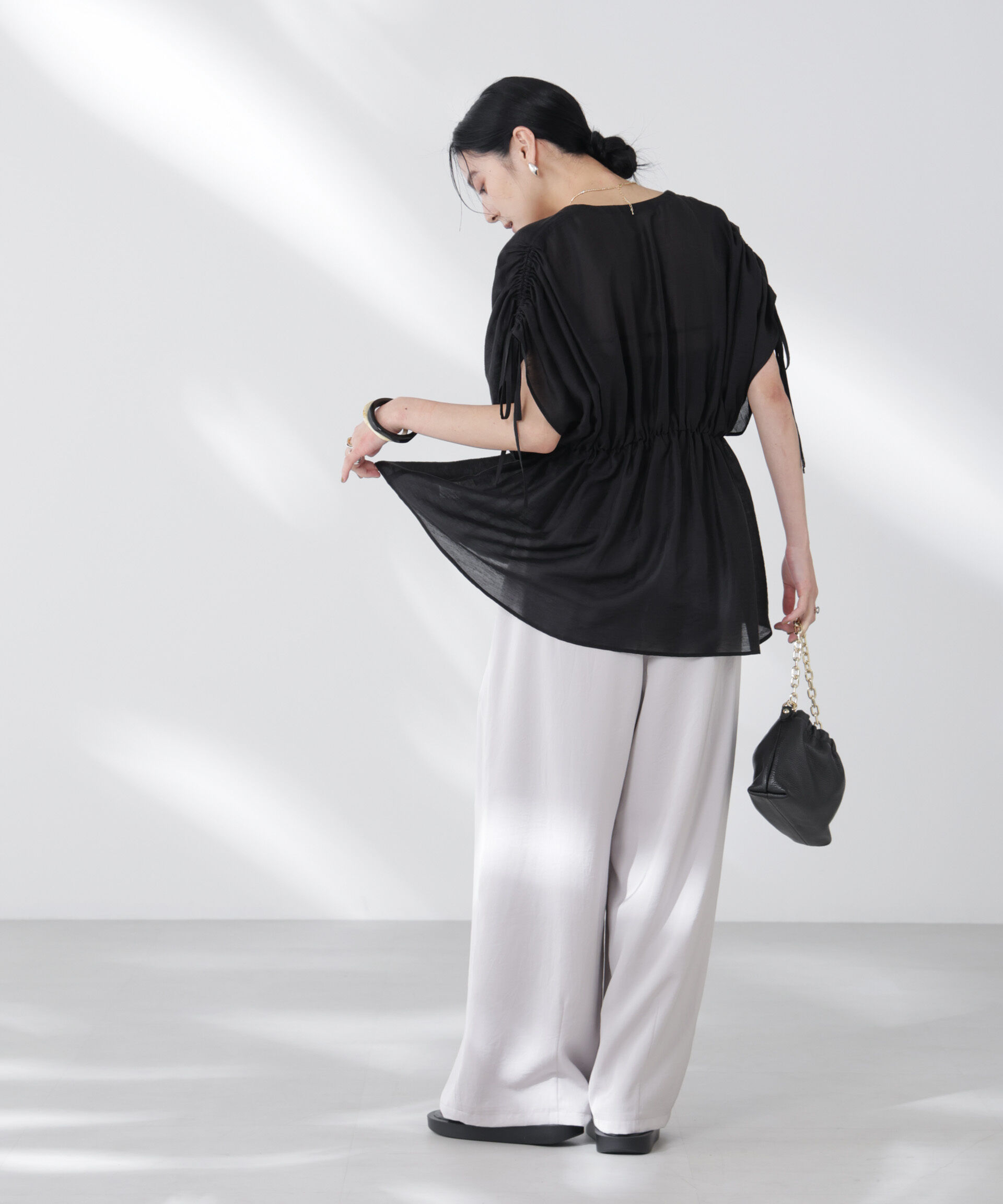 nano･universe「リネン混シアーギャザージップブラウス」|シャツ・ブラウス|