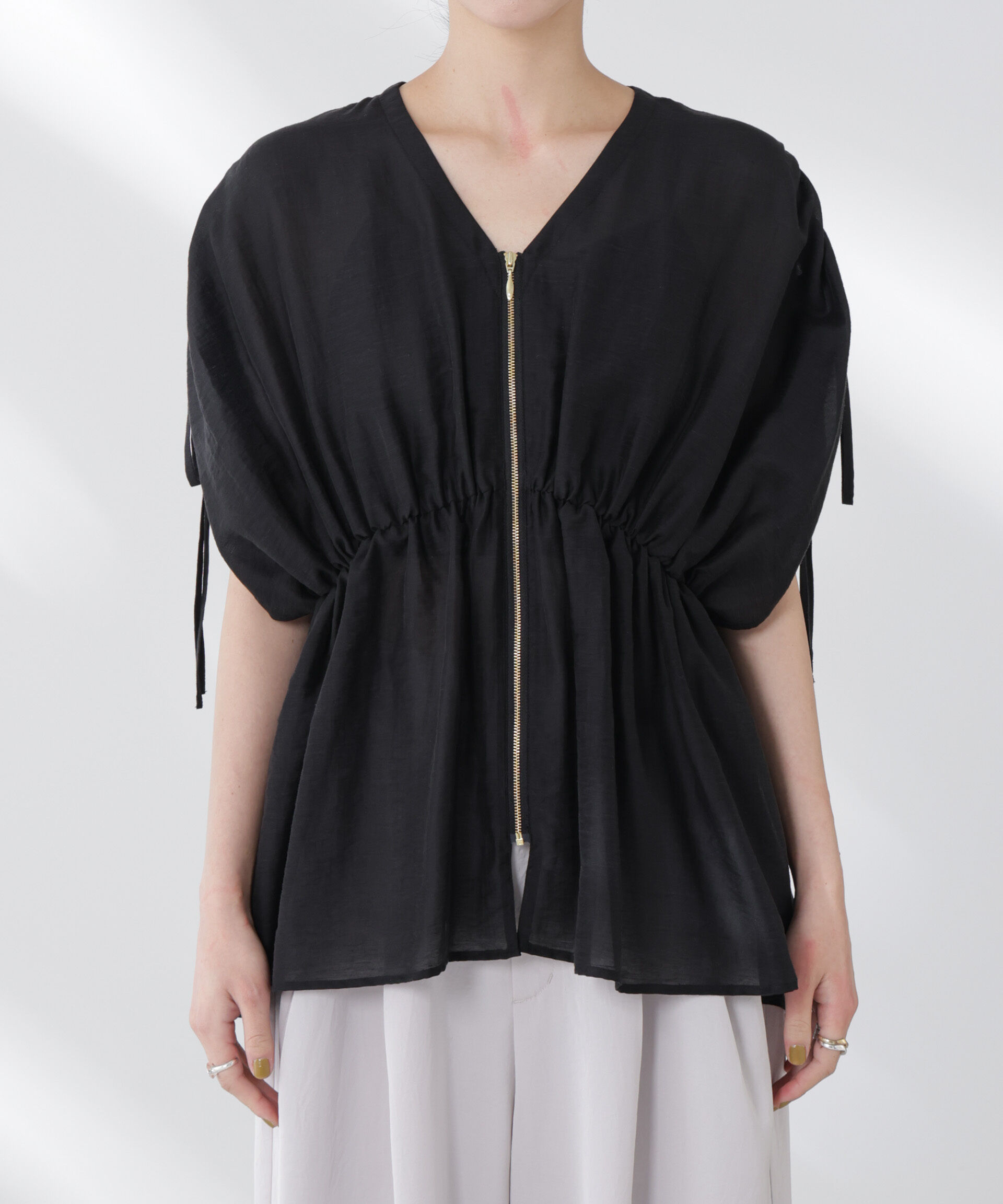 nano･universe「リネン混シアーギャザージップブラウス」|シャツ・ブラウス|