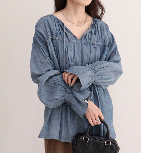 fredy emue「コットンボイルシアーデニムシャーリングブラウス」|シャツ・ブラウス|ネイビー