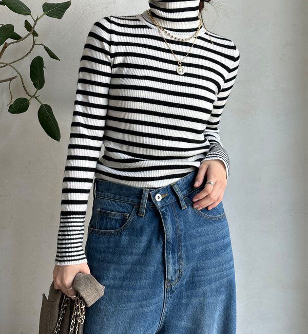  「【WEB限定】ボーダータートルプルオーバー」|ニット・セーター|