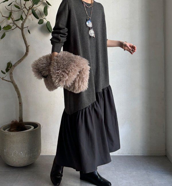  「【WEB限定】異素材切替ニットワンピース」|ワンピース|