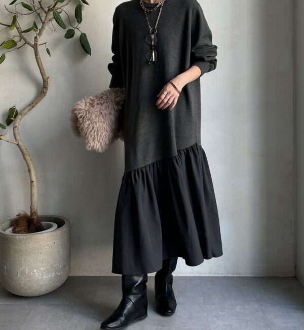  「【WEB限定】異素材切替ニットワンピース」|ワンピース|