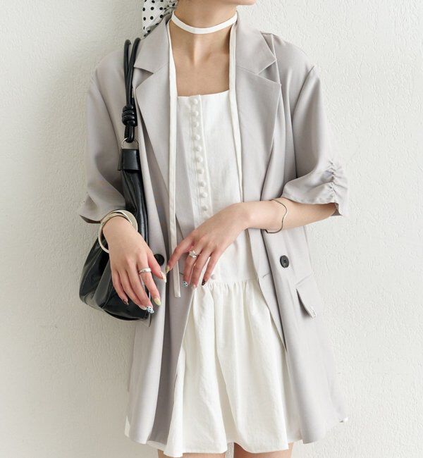  「袖口ギャザー半袖ジャケット」|テーラードジャケット|グレー