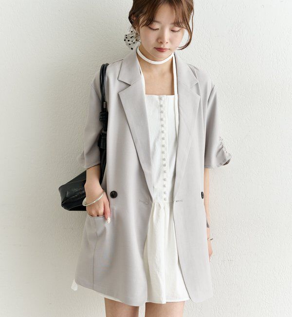  「袖口ギャザー半袖ジャケット」|テーラードジャケット|